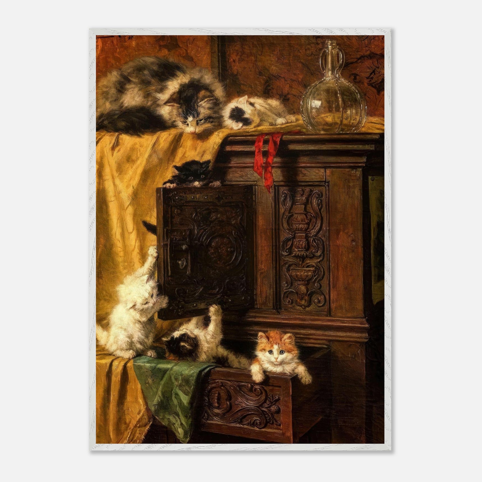 Vintage cat painting with playful kittens atop a wooden cabinet, showcasing museum-quality fine art.