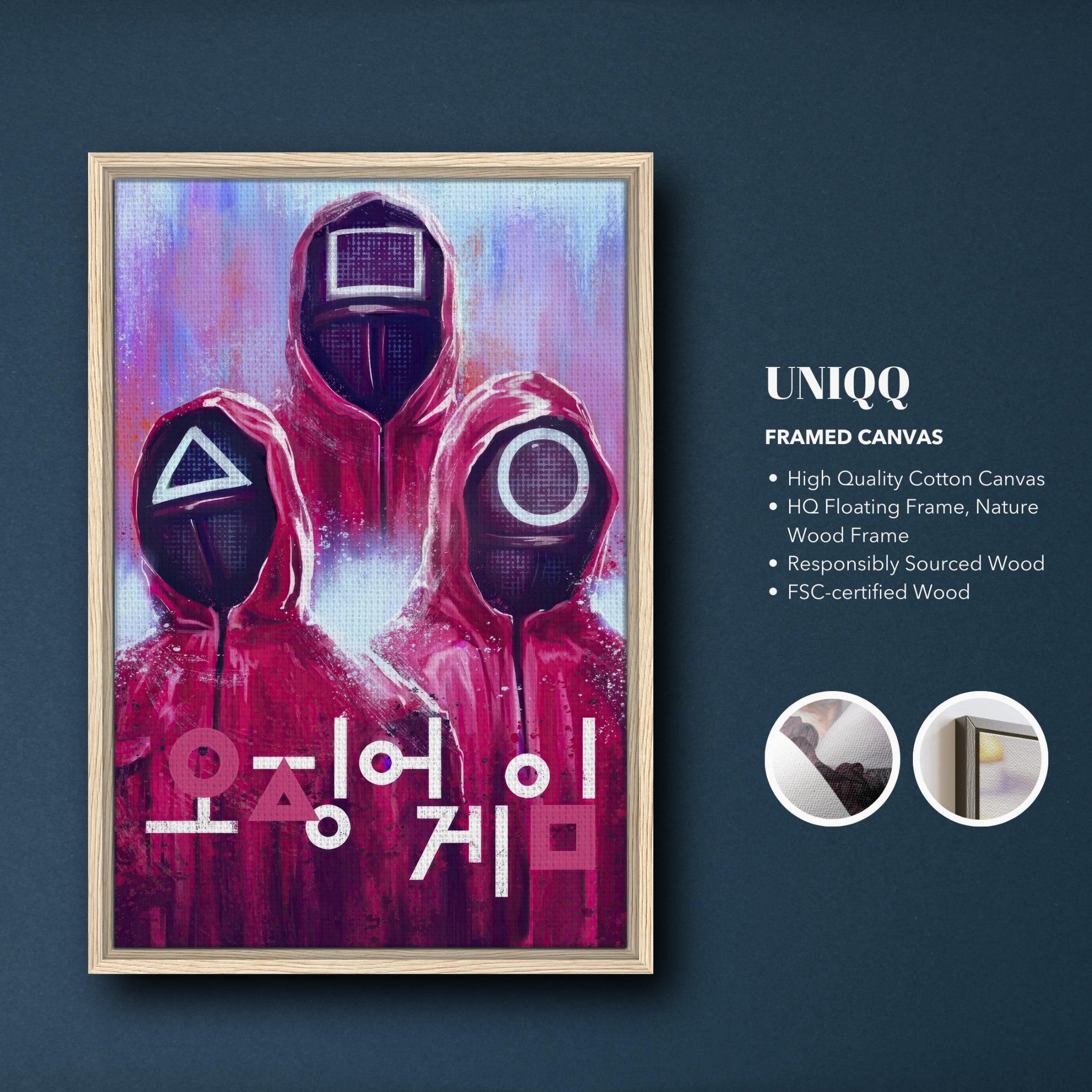 Framed canvas print featuring Squid Game masked guards in red uniforms with geometric symbols, vibrant colors, and bold design.