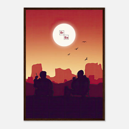 Sunset Breaking Bad framed poster featuring Walt and Jesse against a vibrant sunset backdrop.