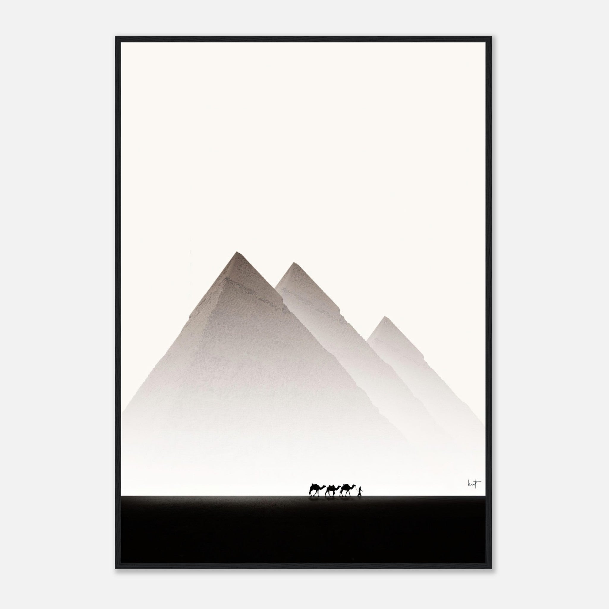 Framed print of the Pyramids of Giza with a minimalist design and silhouettes of camels in the foreground.