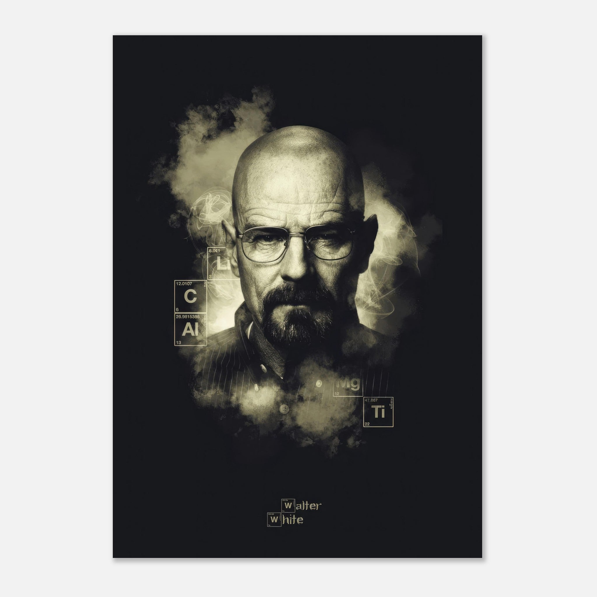 Walter White Heisenberg poster depicting the iconic character from Breaking Bad, featuring chemistry elements and a bold black-and-white design.