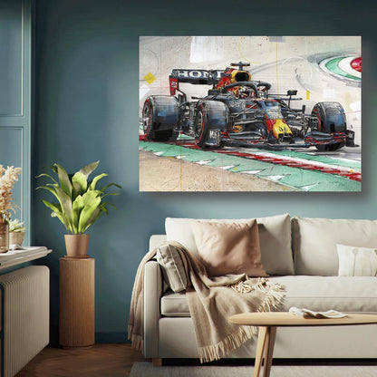 Max Verstappen Red Bull F1 car metal print displayed in a modern living room setting.