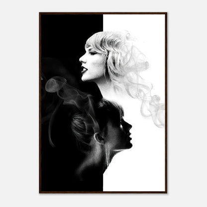 Taylor Swift black and white framed print featuring dual-portrait design with striking contrasts and artistic smoke elements.