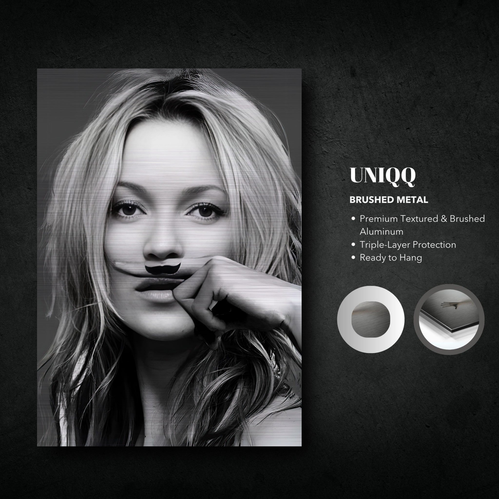 Kate Moss Mustache artwork in brushed metal, featuring textured aluminum and a striking visual design, ready to hang.