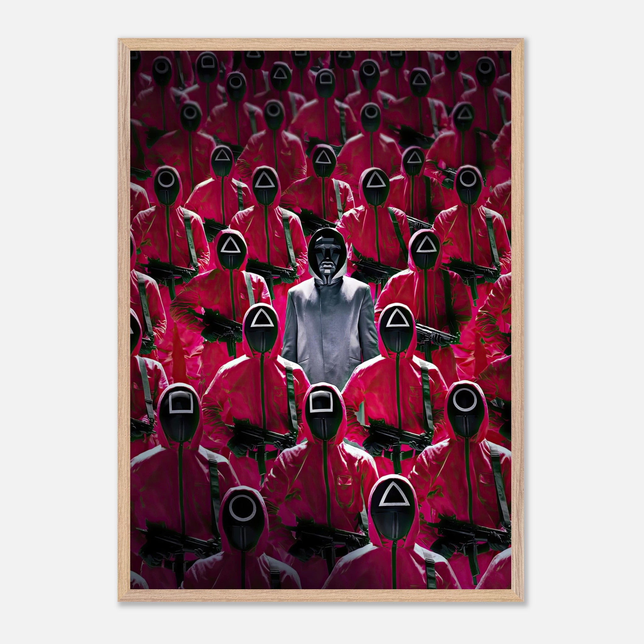 Squid Game Guards fine art print featuring iconic guards in pink uniforms and the Front Man in the center.