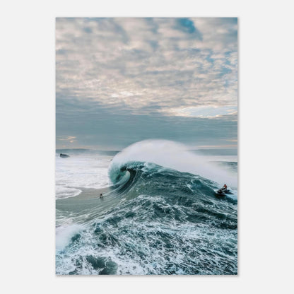 Stunning Big Wave Surfing poster featuring a surfer riding a massive wave under a cloudy sky.