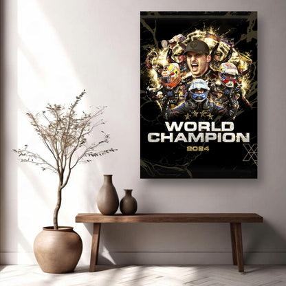 Max Verstappen 2024 World Champion metal print showcasing vibrant artwork in a modern interior setting.