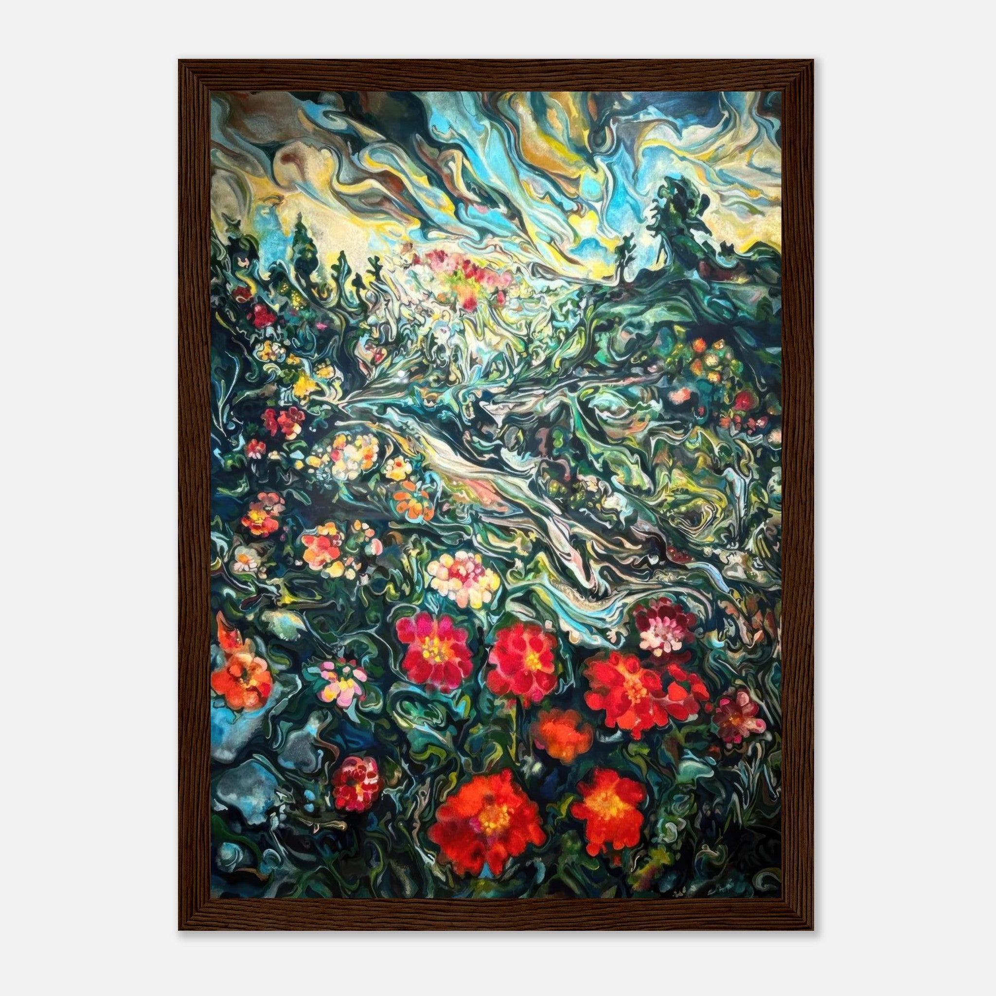 Framed Abstract Floral Landscape Painting with swirling colors and vibrant red and gold flowers.