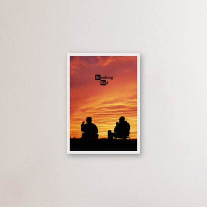 Breaking Bad framed poster featuring Walter White and Jesse Pinkman silhouetted against a vibrant sunset.