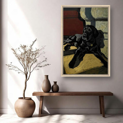 Framed canvas print of a black Labrador dog lounging in a cozy room, showcasing rich colors and expressive brushstrokes.