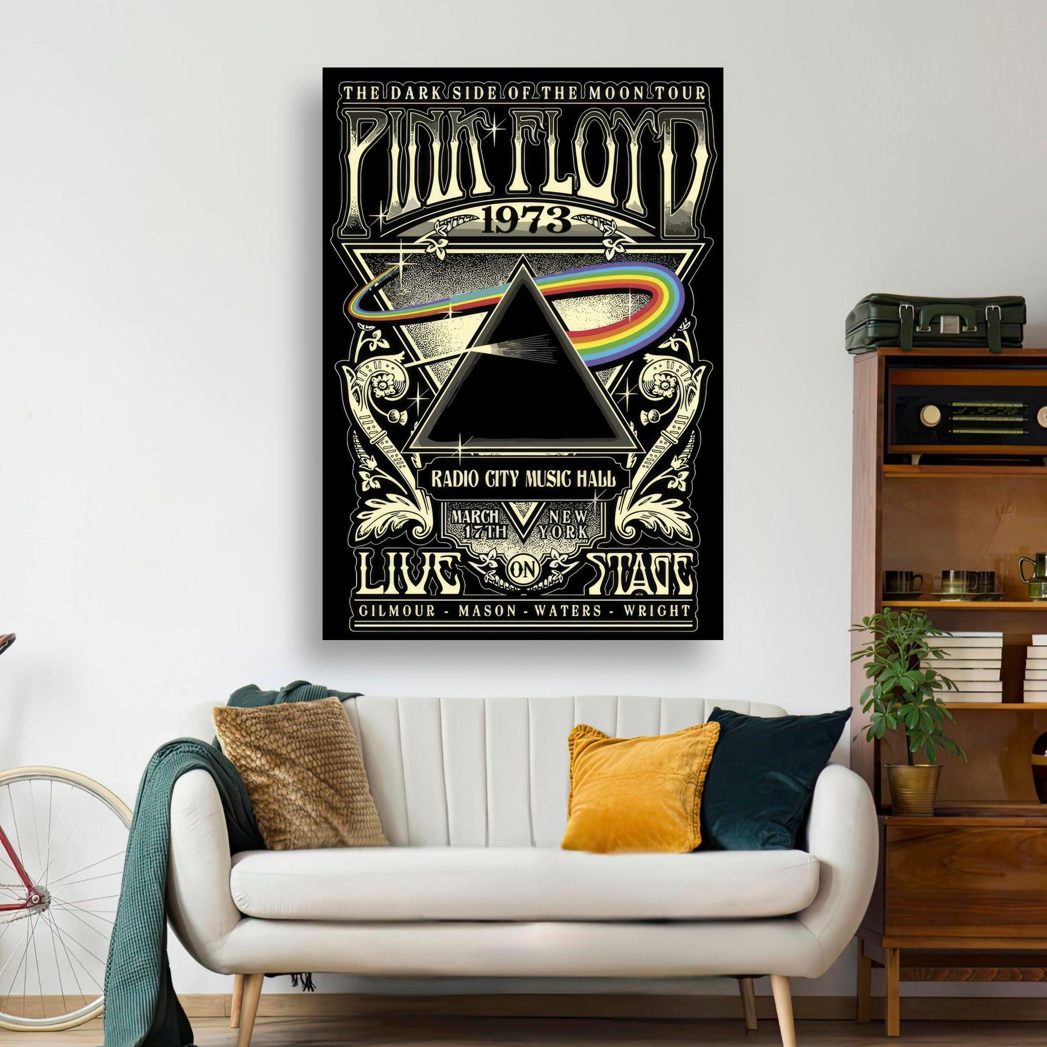 Pink Floyd 1973 "The Dark Side of the Moon" tour poster with iconic prism and rainbow design, perfect for music lovers.