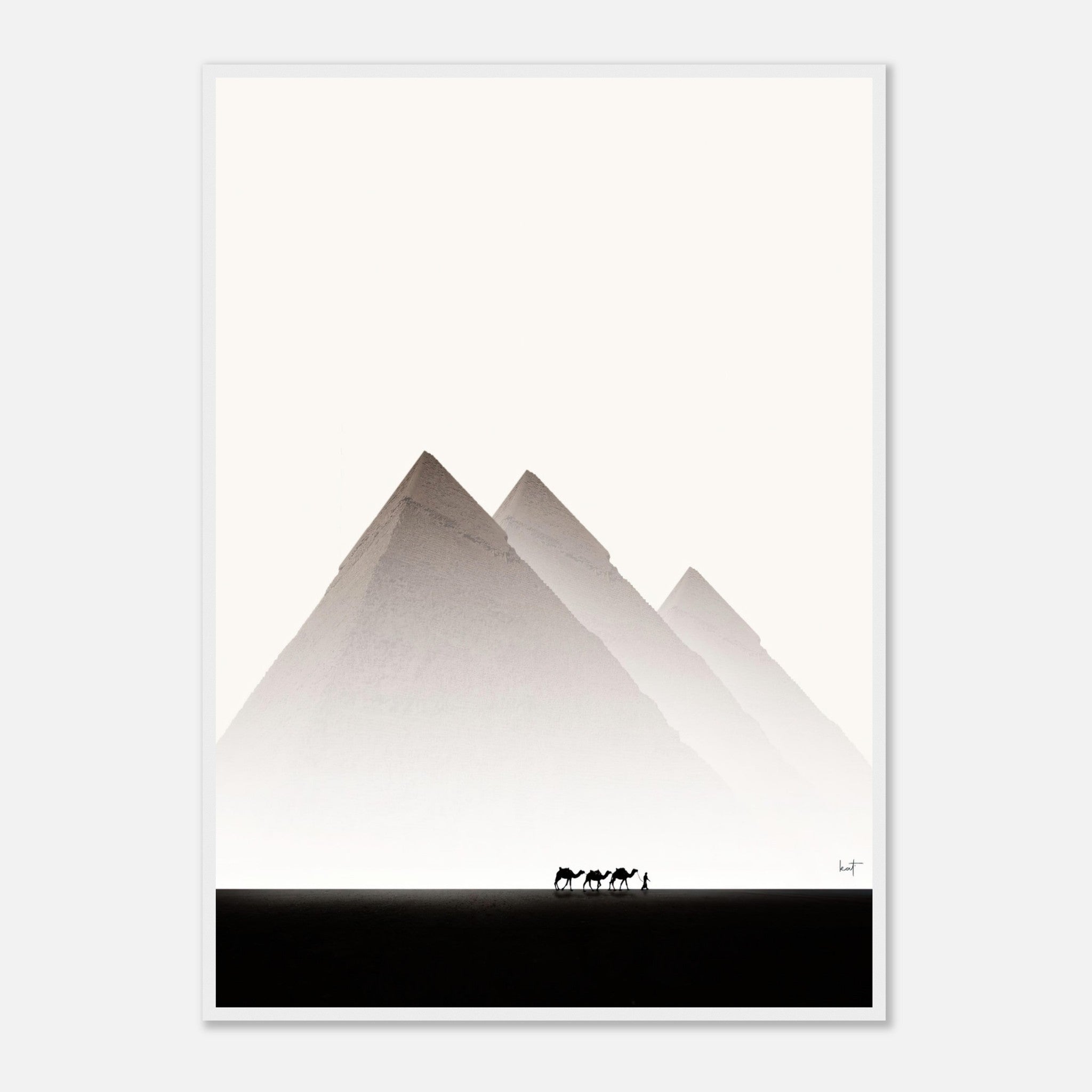 Framed print of Pyramids of Giza with silhouettes of camels against a minimalist background, capturing Egypt's timeless beauty.