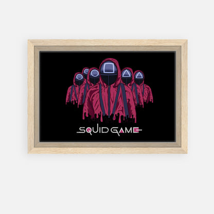 Framed canvas print of Squid Game soldiers in red uniforms on a black background, featuring iconic masks and vibrant colors.