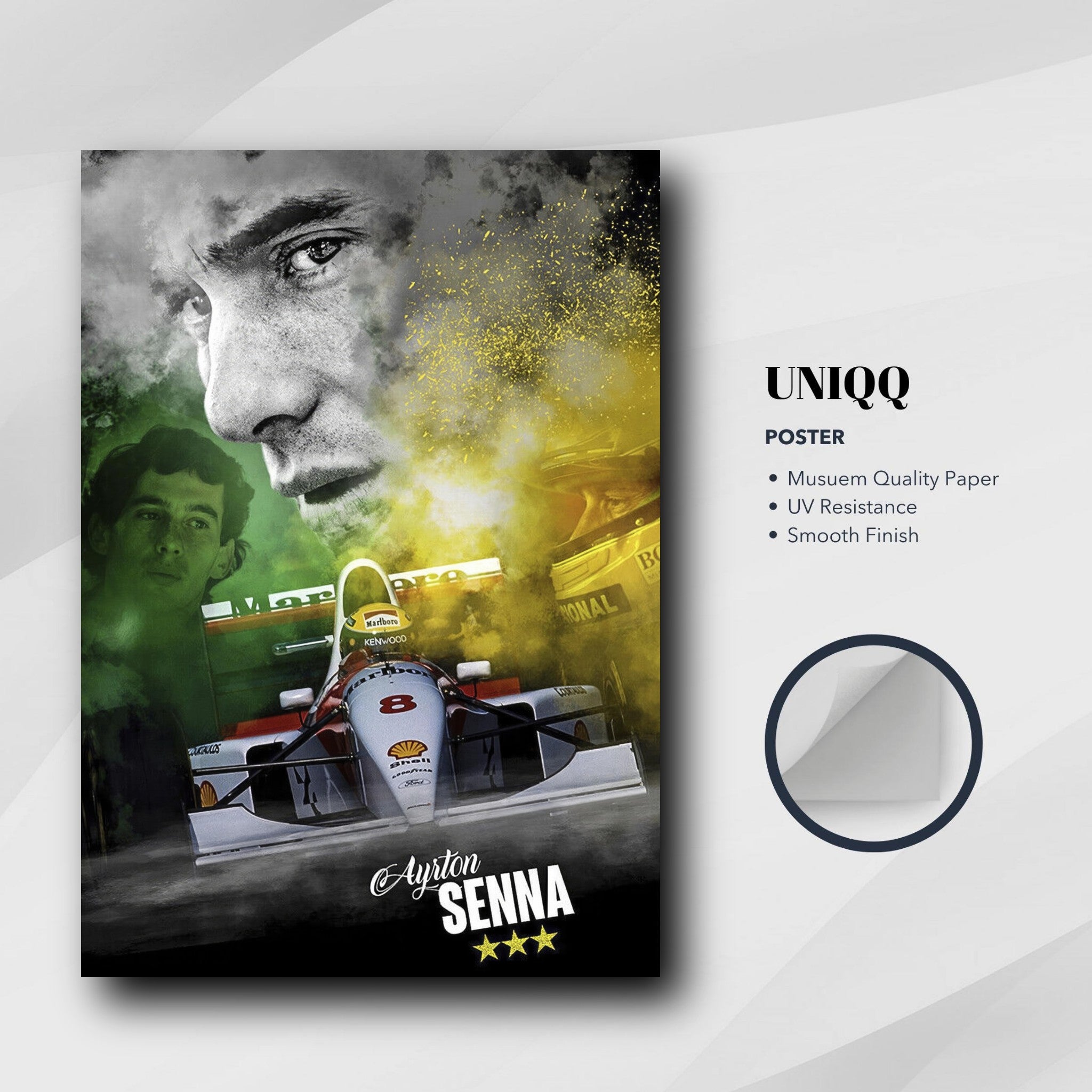 Ayrton Senna F1 poster featuring vibrant colors and premium quality, perfect for fans and collectors.