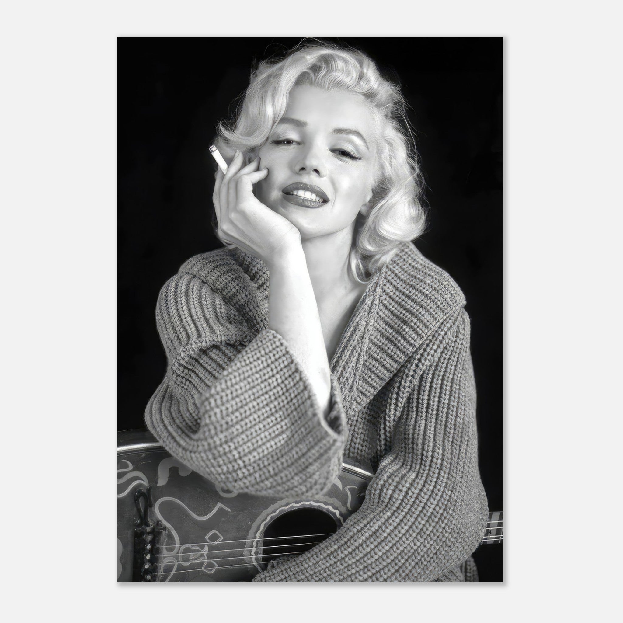 Marilyn Monroe smoking a cigarette, exuding elegance in a cozy sweater, captured in a classic black-and-white poster.