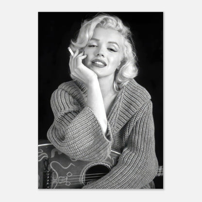 Marilyn Monroe smoking a cigarette, exuding elegance in a cozy sweater, captured in a classic black-and-white poster.