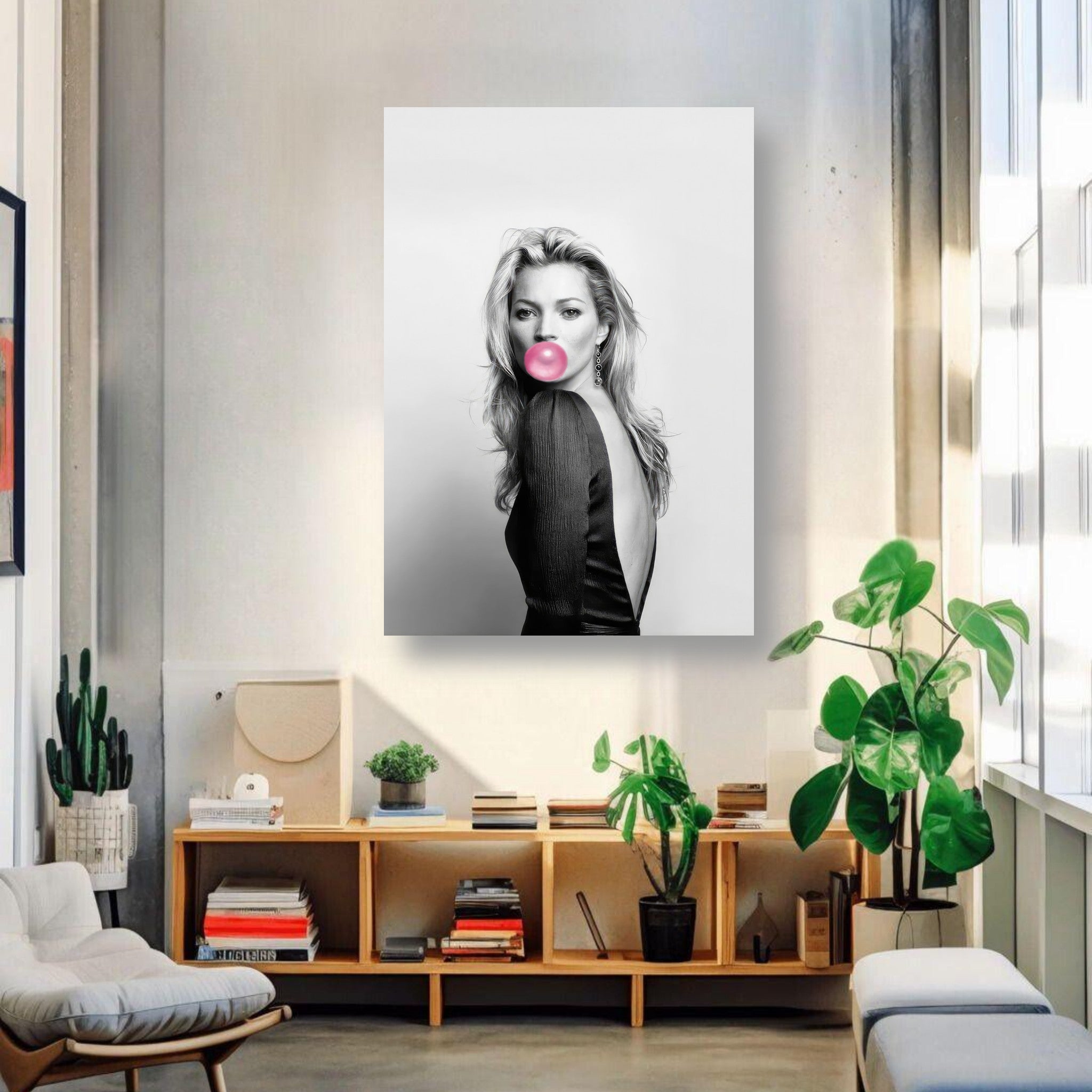 Kate Moss Bubble Gum Metal Print in stylish living room setting, featuring black-and-white portrait and vibrant pink bubblegum.