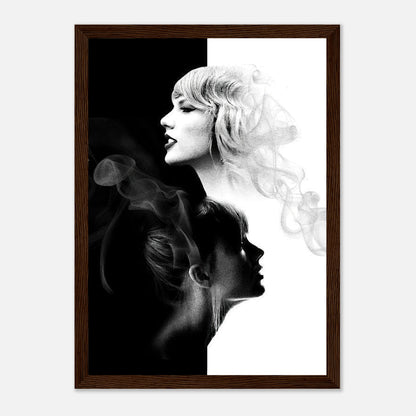 Taylor Swift black and white framed print featuring dual-portrait design with striking light and shadow elements.