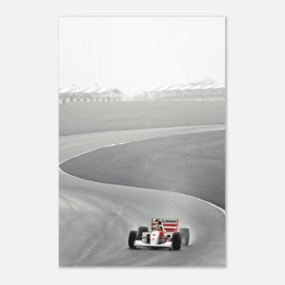 1988 Ayrton Senna racing in McLaren MP4/4 metal print capturing iconic Formula 1 moments on the track.