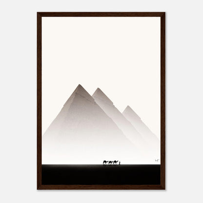 Framed print of Pyramids of Giza, showcasing majestic ancient structures against a minimalist desert backdrop.