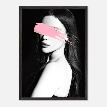 Vintage framed print of a monochromatic portrait with a bold pink brushstroke across the eyes.