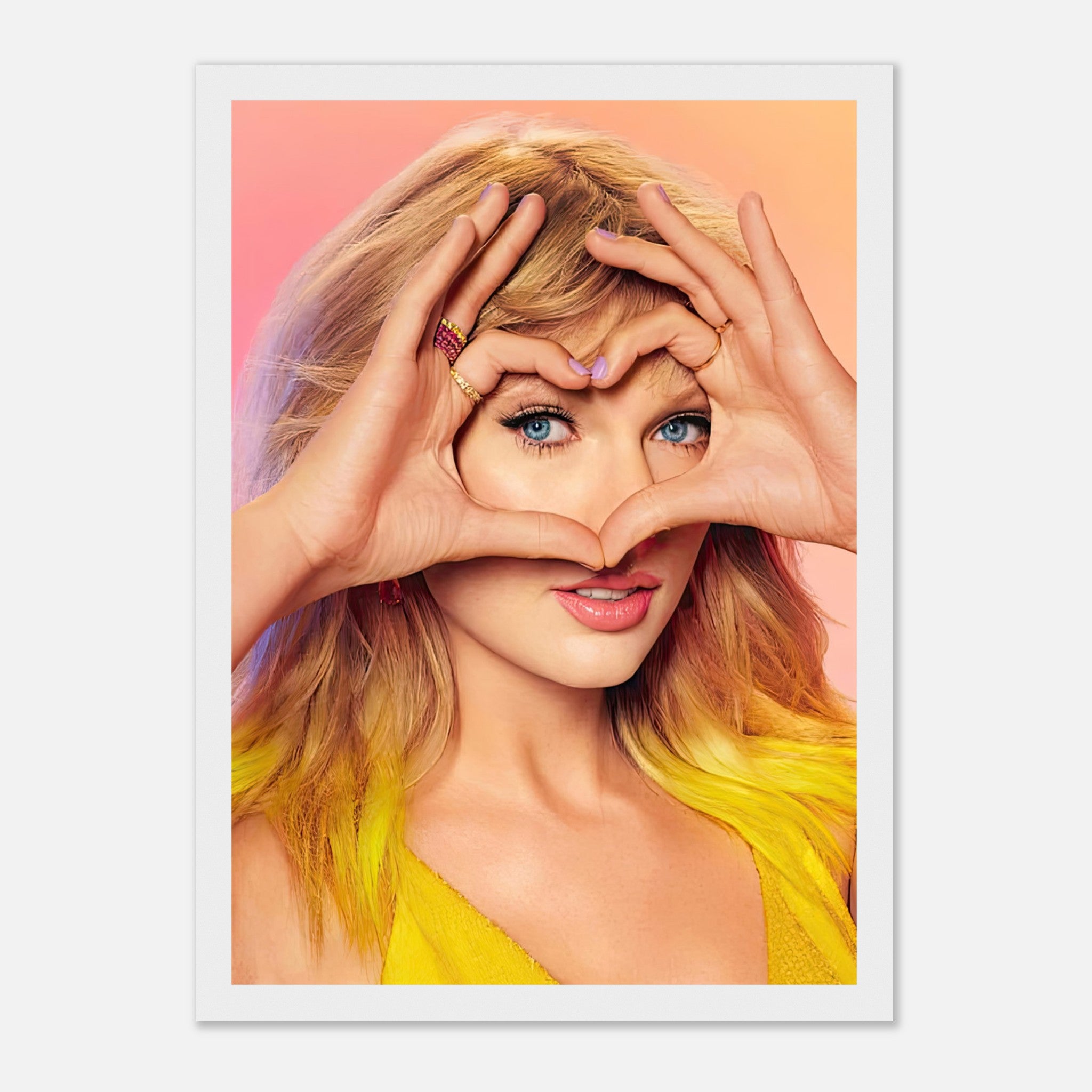 Taylor Swift framed print showcasing her making a heart shape with her hands, vibrant colors and charismatic pose.