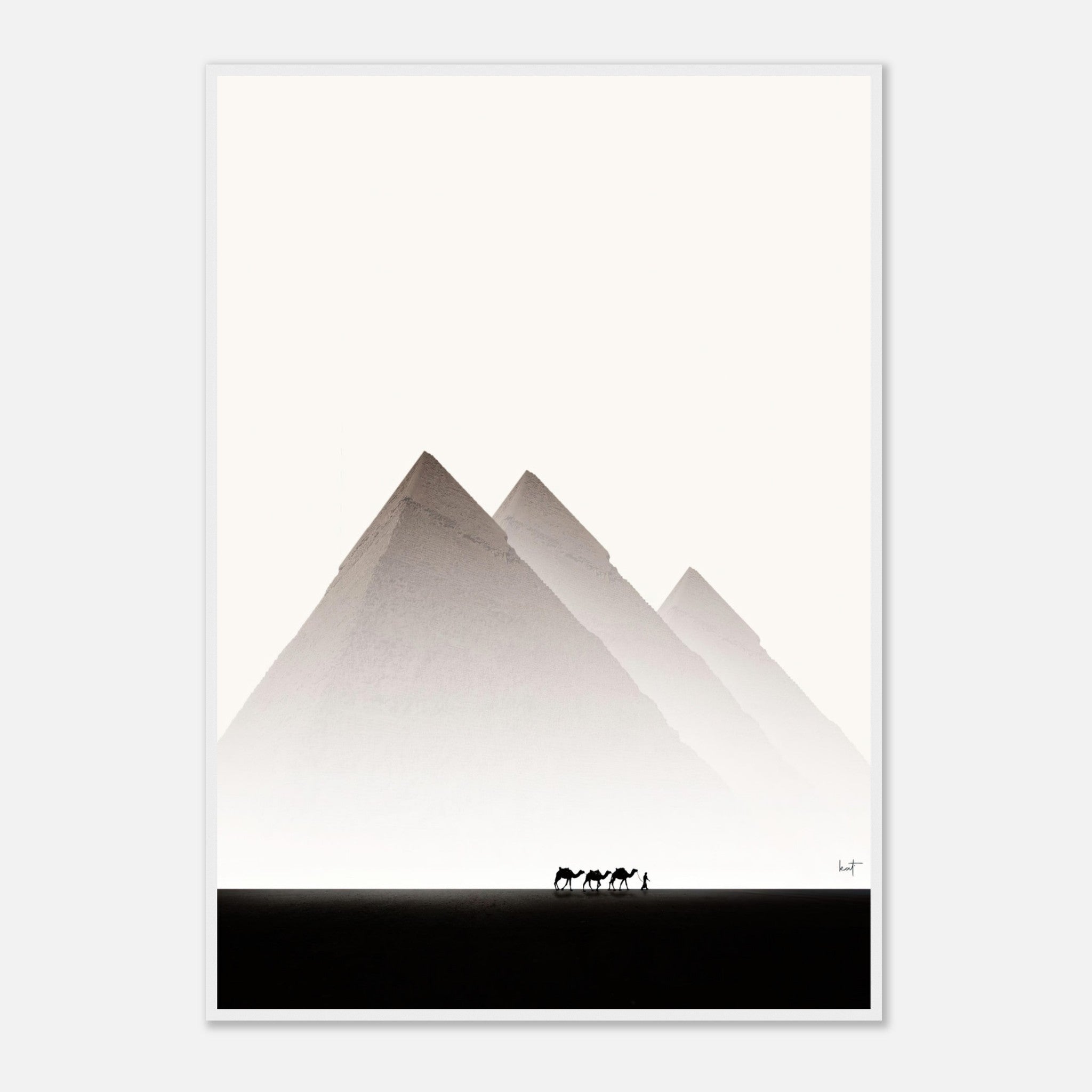 Framed print of the Pyramids of Giza with silhouetted figures on horseback against a minimalist desert backdrop.