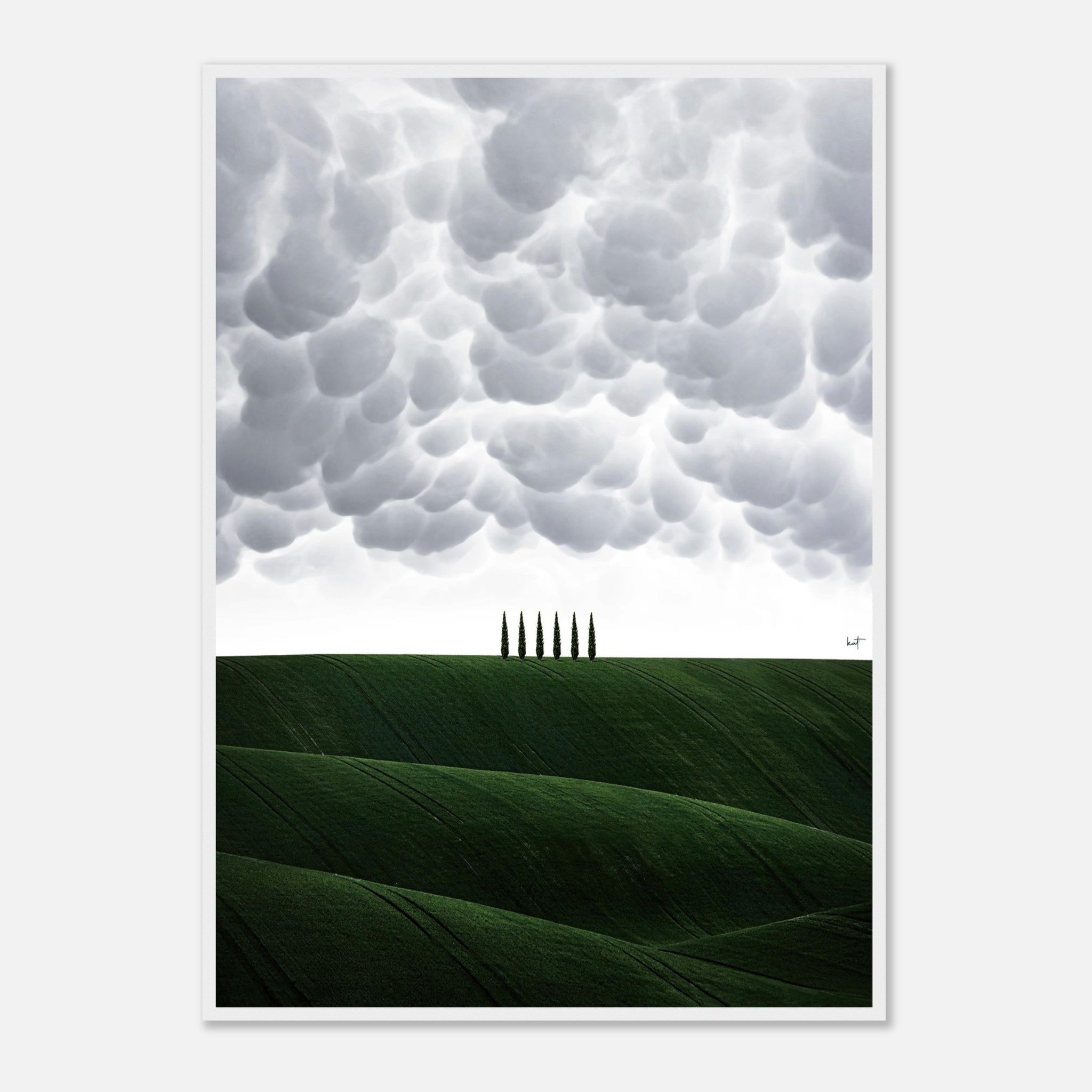 Toscana framed print featuring rolling green hills and cypress trees under dramatic cloud formations.