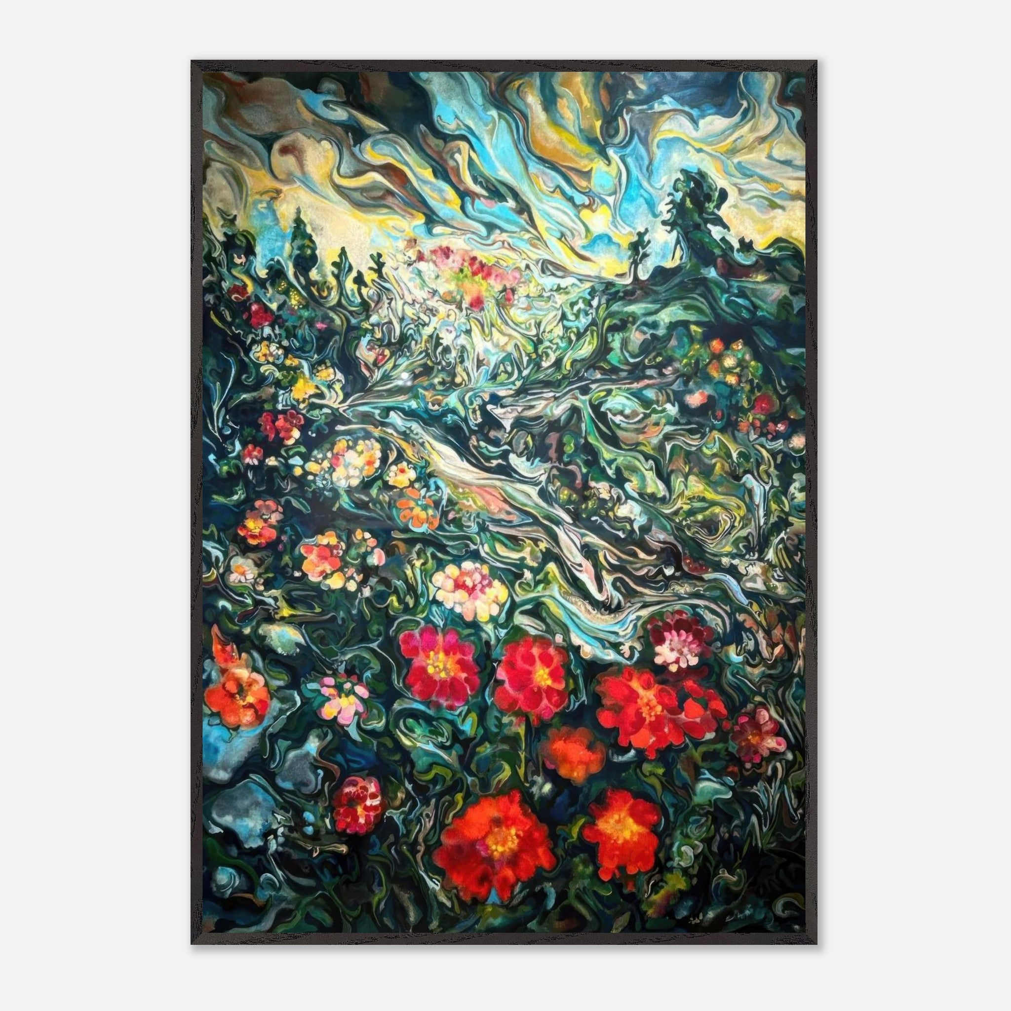 Abstract floral landscape painting featuring vibrant colors and intricate details, ideal for fine art decor.