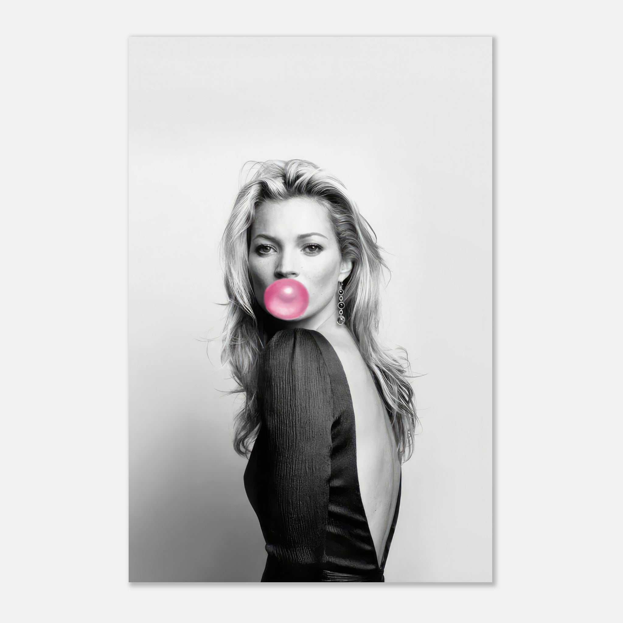 Kate Moss Bubble Gum Metal Print featuring black-and-white portrait with pink bubble gum, showcasing bold contemporary art.