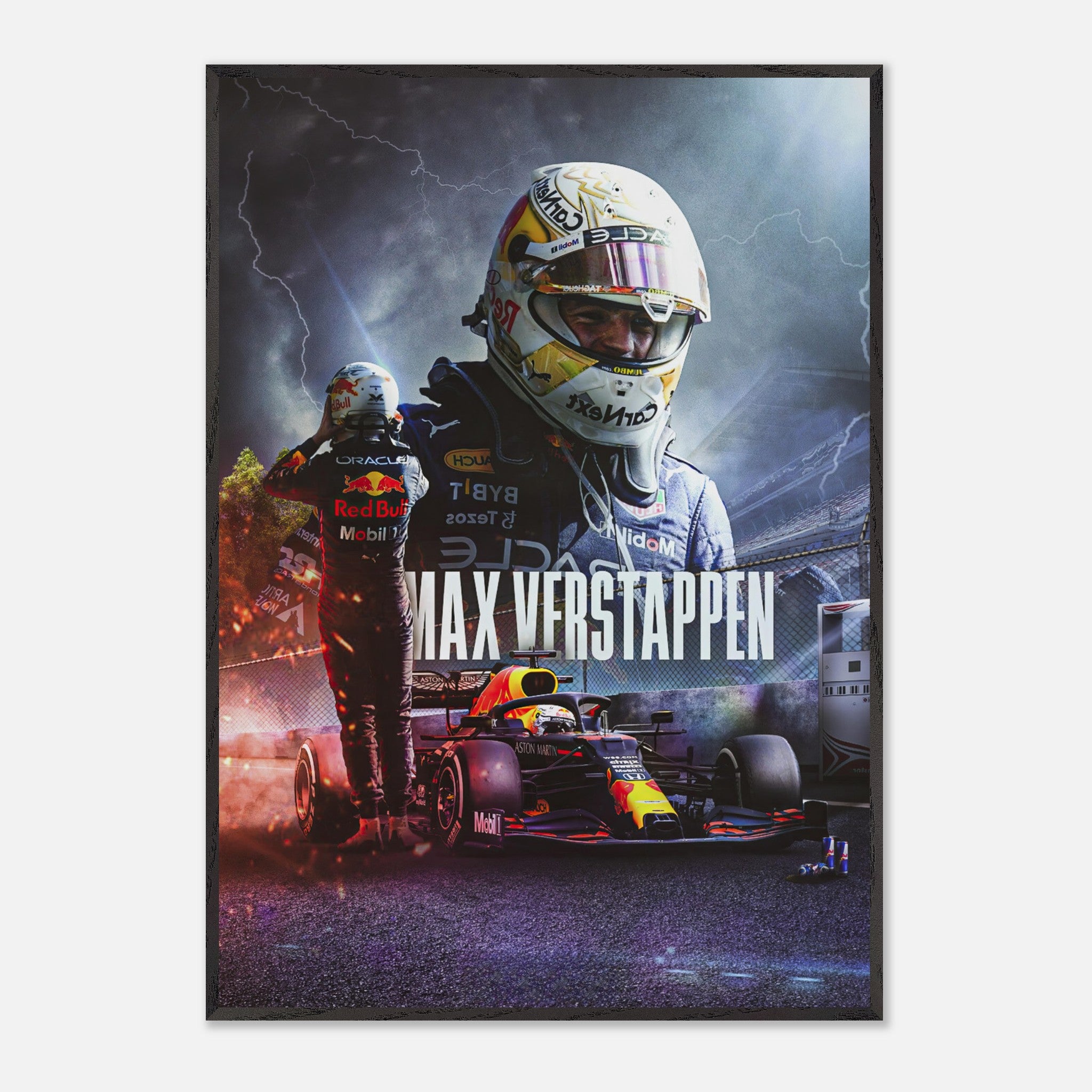 Max Verstappen Red Bull Racing fine art print showcasing the driver in action with vibrant colors and detailed design.