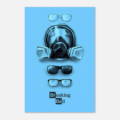 Minimalist Breaking Bad metal poster featuring a gas mask and glasses on a vibrant blue background.