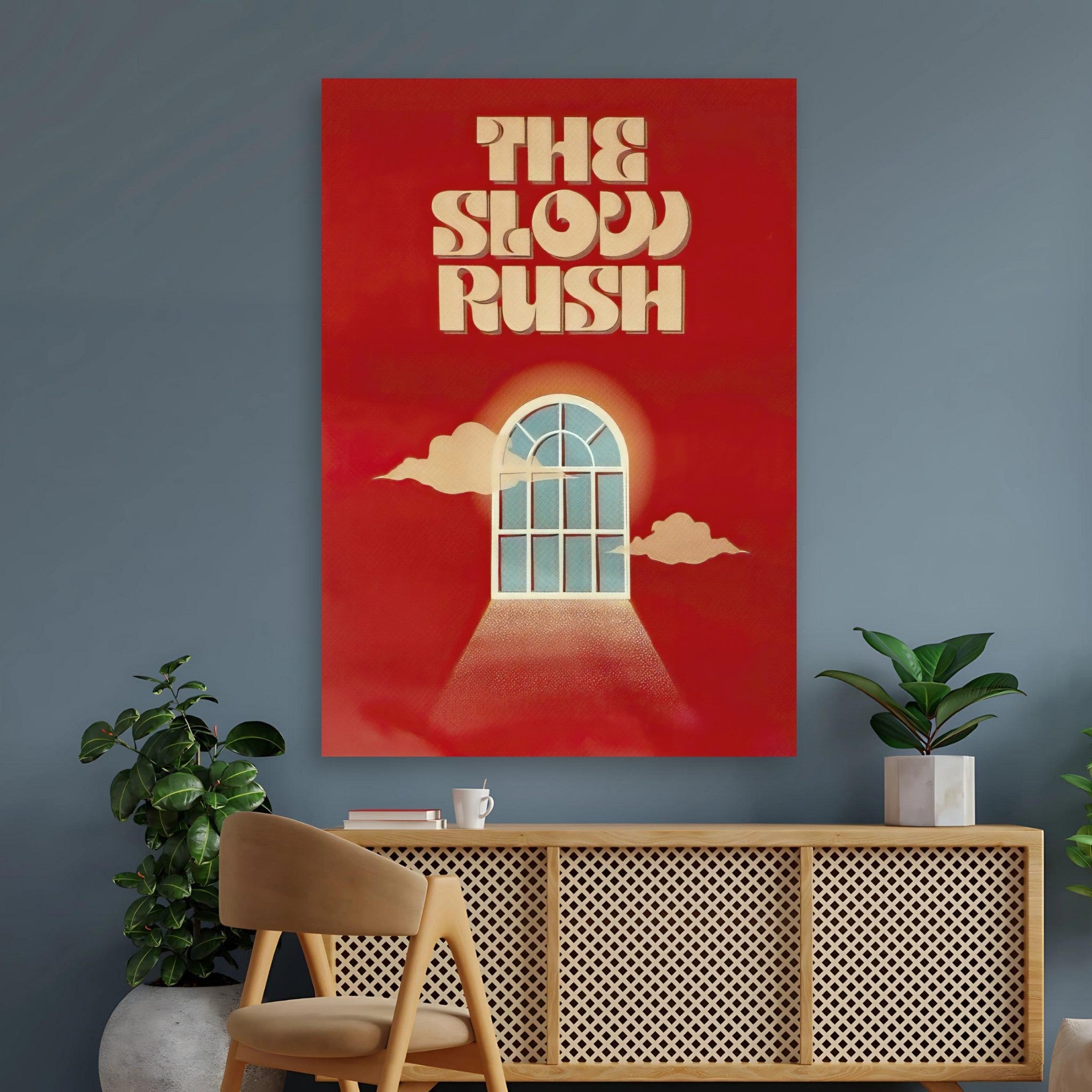 The Slow Rush poster featuring vibrant red backdrop, dreamy clouds, and arched window, perfect for Tame Impala fans.