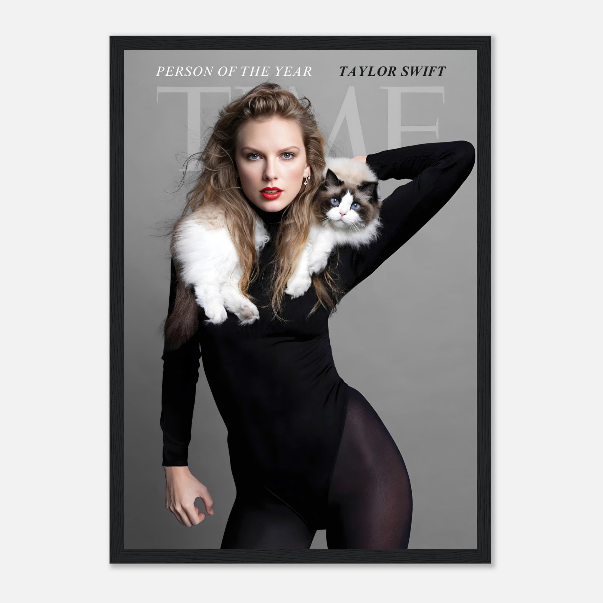 Taylor Swift Time Magazine framed print, featuring her as Person of the Year with her cat, stylish black frame.