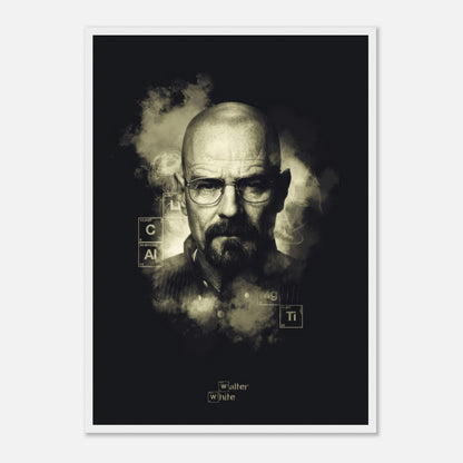 Walter White Heisenberg framed poster featuring a striking black-and-white portrait with smoky background and design elements.