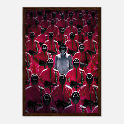 Squid Game Guards framed print featuring iconic pink-clad guards and their leader in striking artwork.