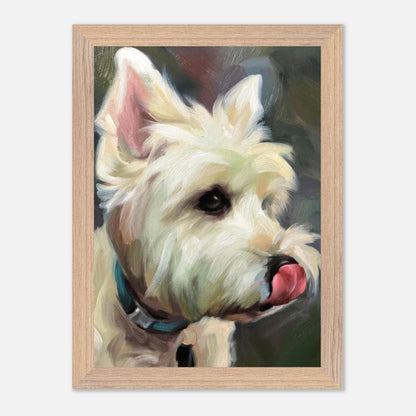 Westie Dog Painting Vintage Framed Print showcasing a playful West Highland White Terrier in warm colors.