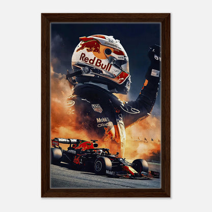 Max Verstappen framed canvas print featuring Red Bull racecar and driver celebrating victory in Formula 1.