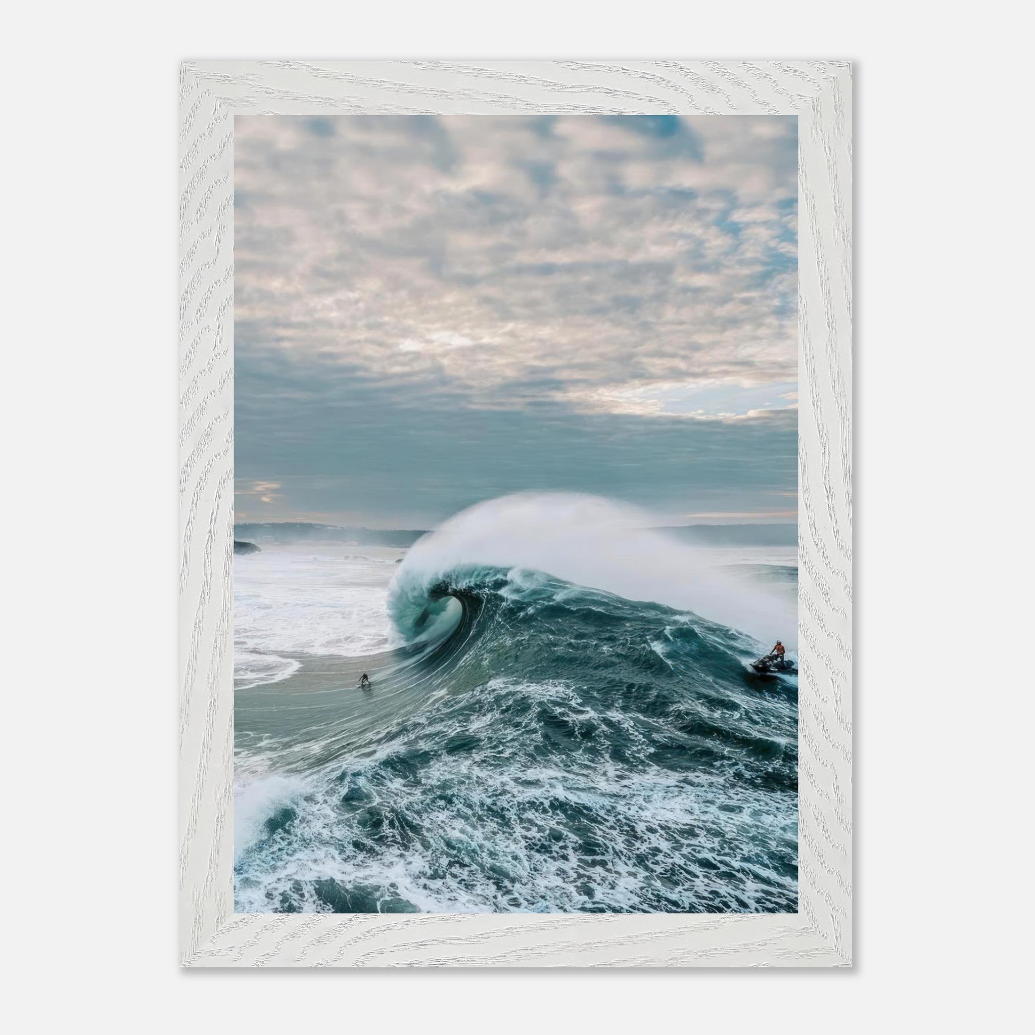 Big Wave Surfing Vintage Framed Print featuring a surfer riding a massive wave under a dramatic sky.