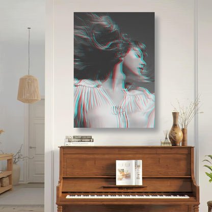 Taylor Swift black and white metal print displayed in a stylish living room above a piano, showcasing modern 3D effect.