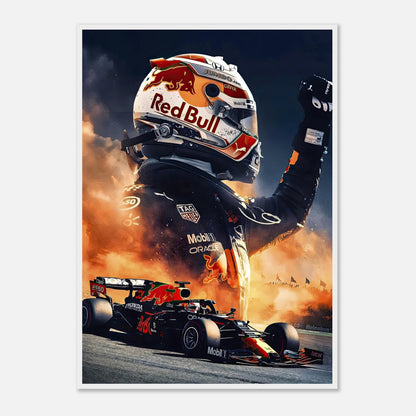 Max Verstappen Red Bull framed print showcasing dynamic Formula 1 action and vibrant colors, perfect for motorsport fans.