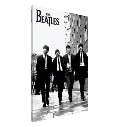 The Beatles Cover Canvas Print featuring iconic black and white image of the famous band walking together.