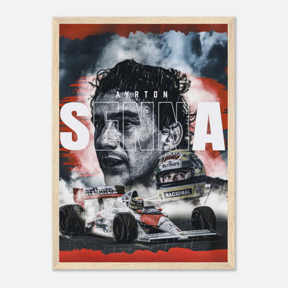 Ayrton Senna framed print showcasing his iconic F1 career with vibrant imagery and stylish design for motorsport lovers.