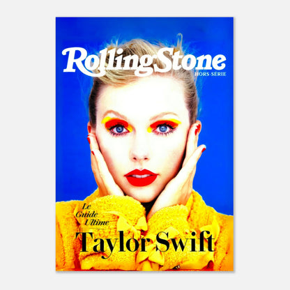 Taylor Swift Rolling Stone Magazine cover featuring vibrant colors and bold makeup in a high-quality metal print.