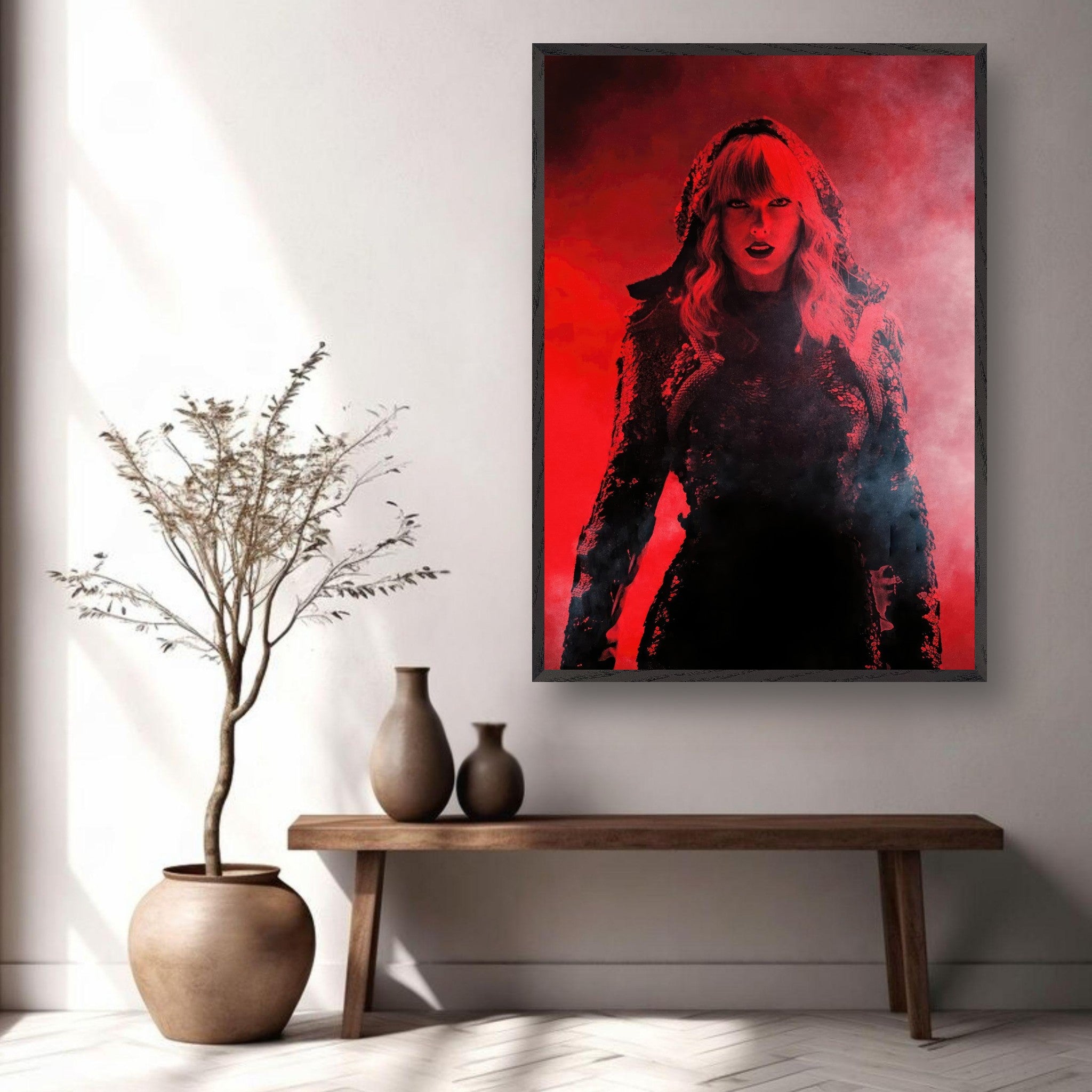 Vintage framed print of Taylor Swift in red, showcasing bold design and dramatic atmosphere for passionate fans.