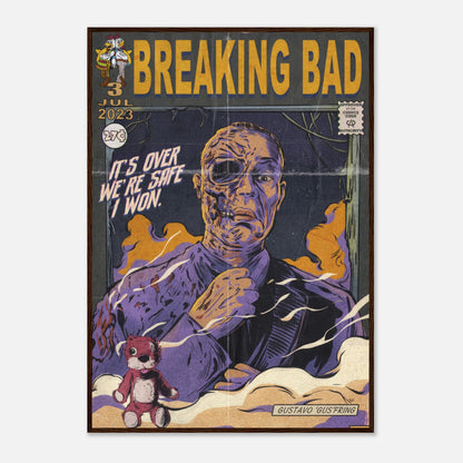 Vintage comic-style framed poster of Gustavo Fring from Breaking Bad with bold colors and retro aesthetic.