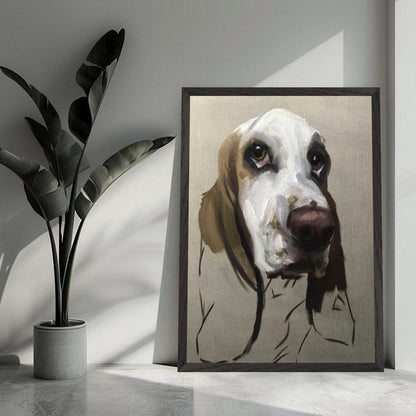 Basset Hound dog painting in a modern interior, museum quality art for dog lovers.