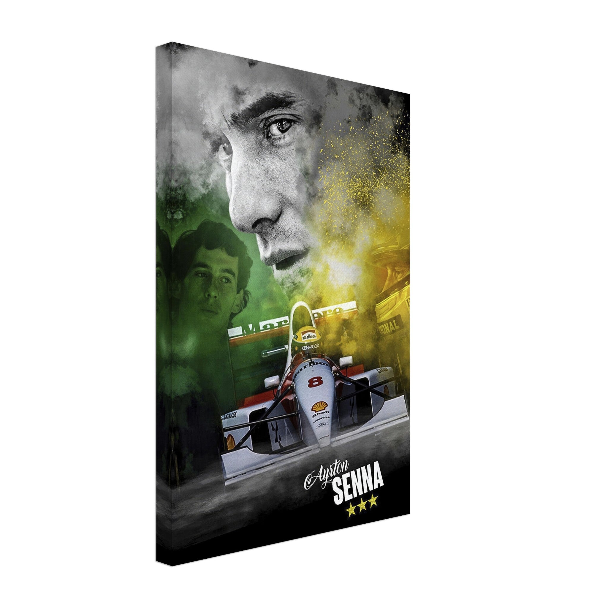 Ayrton Senna F1 McLaren canvas print featuring dynamic imagery of the legendary driver in action.