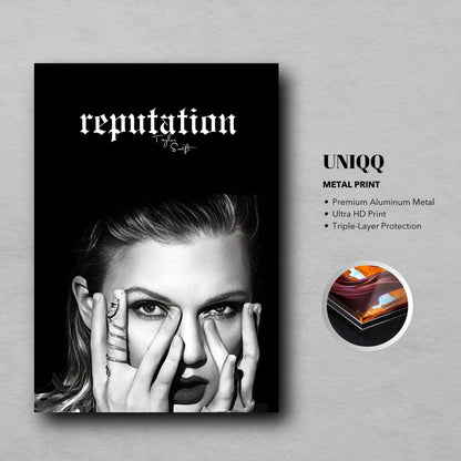 Taylor Swift Reputation metal print featuring bold black-and-white artwork with ultra HD quality and protective layers.