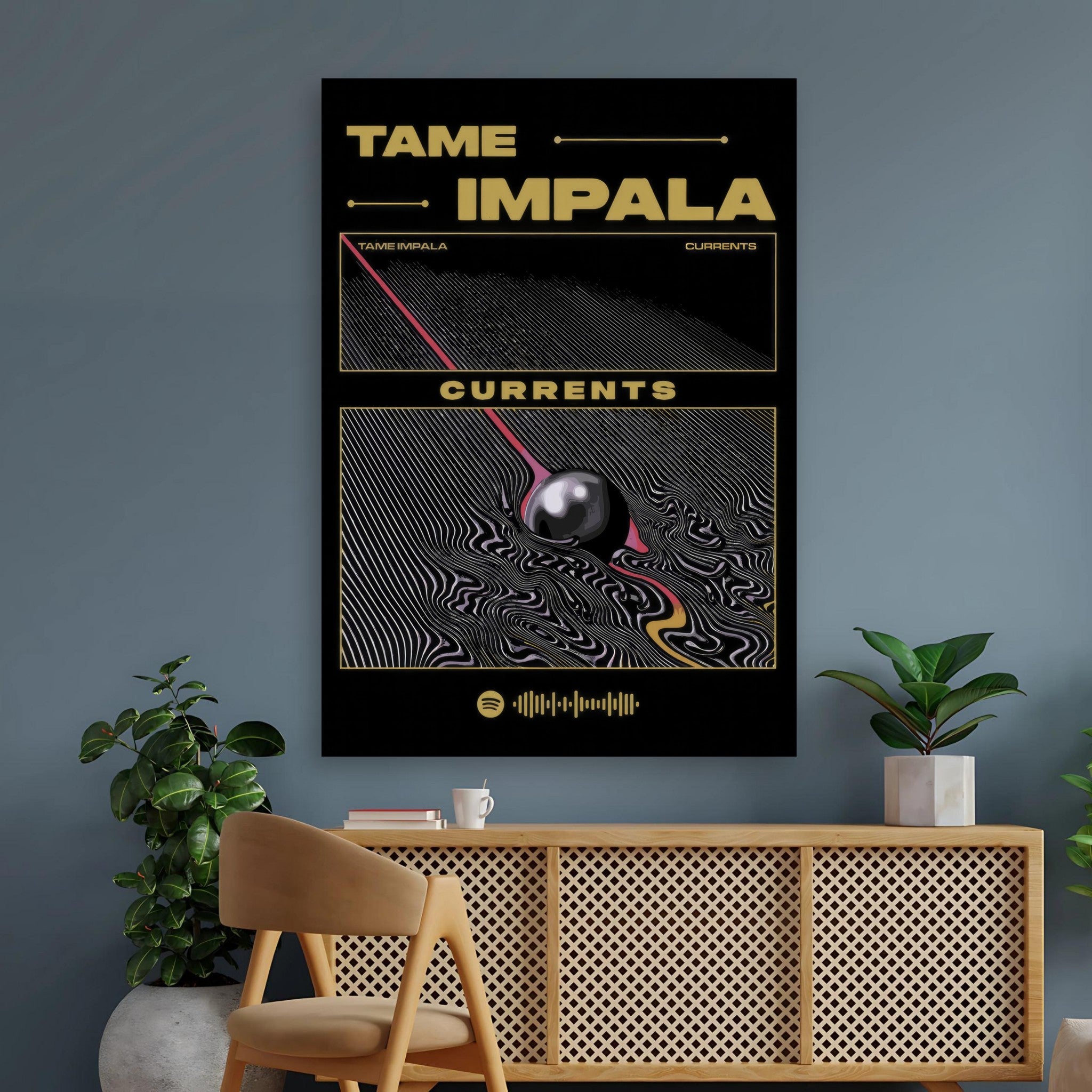 Tame Impala Currents poster featuring iconic album artwork with bold black and gold design, perfect for enhancing any living space.